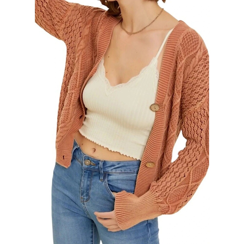 HEYSON Baked Clay Washed Cable Knit Button Down‎ Cardigan Medium Bohemian NEW